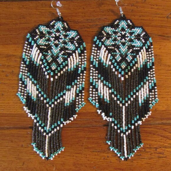 Gorgeous Etsy Artisan Aztec Large Handmade Czech Bead Beaded Earrings! 5.9" long - Picture 7 of 11